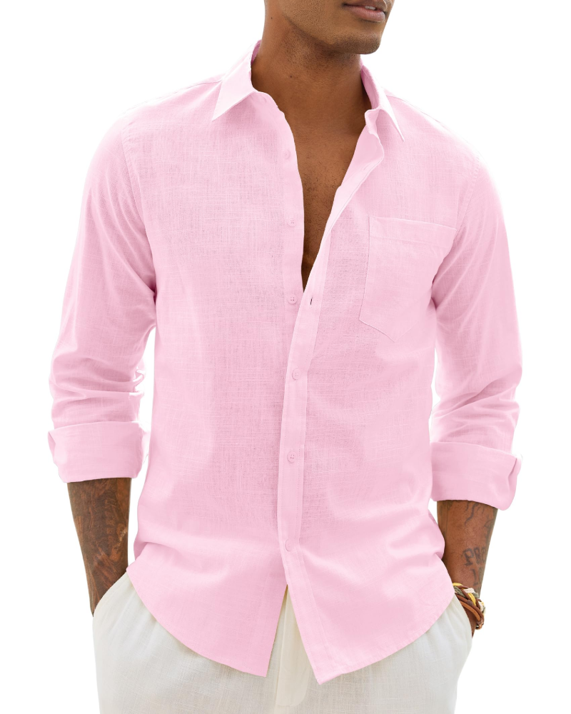 Soren Camisa de hombre de algodón y lino – Camisa transpirable de manga larga con cuello clásico