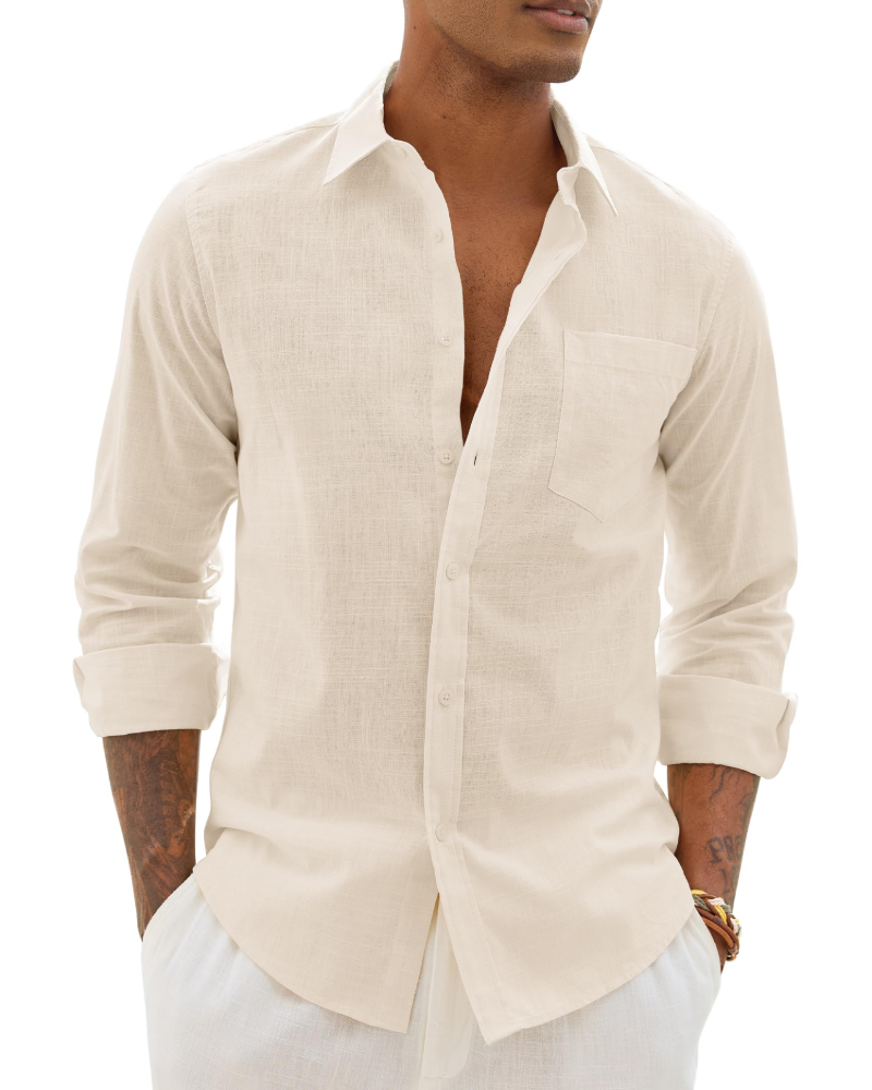 Soren Camisa de hombre de algodón y lino – Camisa transpirable de manga larga con cuello clásico