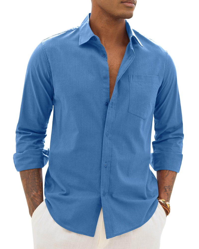 Soren Camisa de hombre de algodón y lino – Camisa transpirable de manga larga con cuello clásico