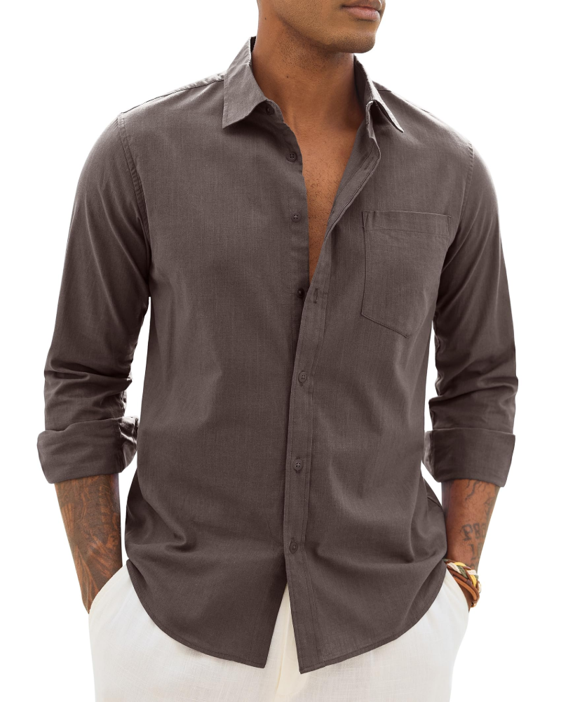 Soren Camisa de hombre de algodón y lino – Camisa transpirable de manga larga con cuello clásico