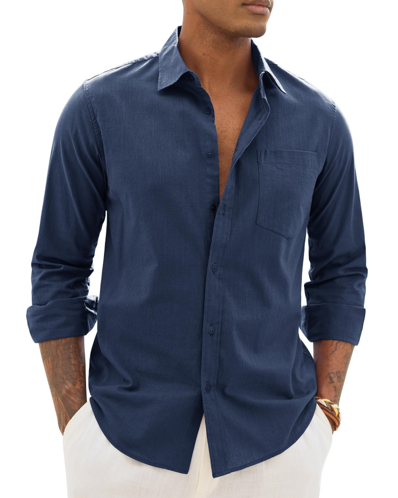 Soren Camisa de hombre de algodón y lino – Camisa transpirable de manga larga con cuello clásico