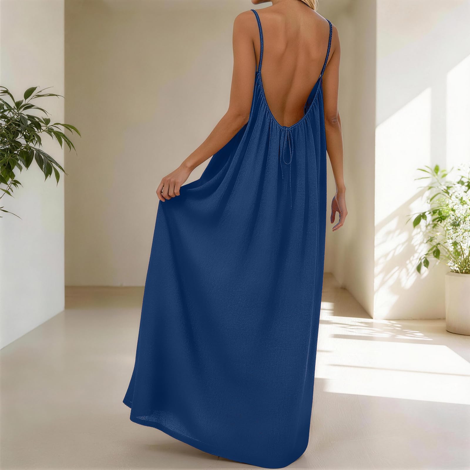 Rowena Maxi-jurk Dames – Open Rug, Verstelbare Bandjes & Effen Zomerjurk met Vloeiende A-lijn