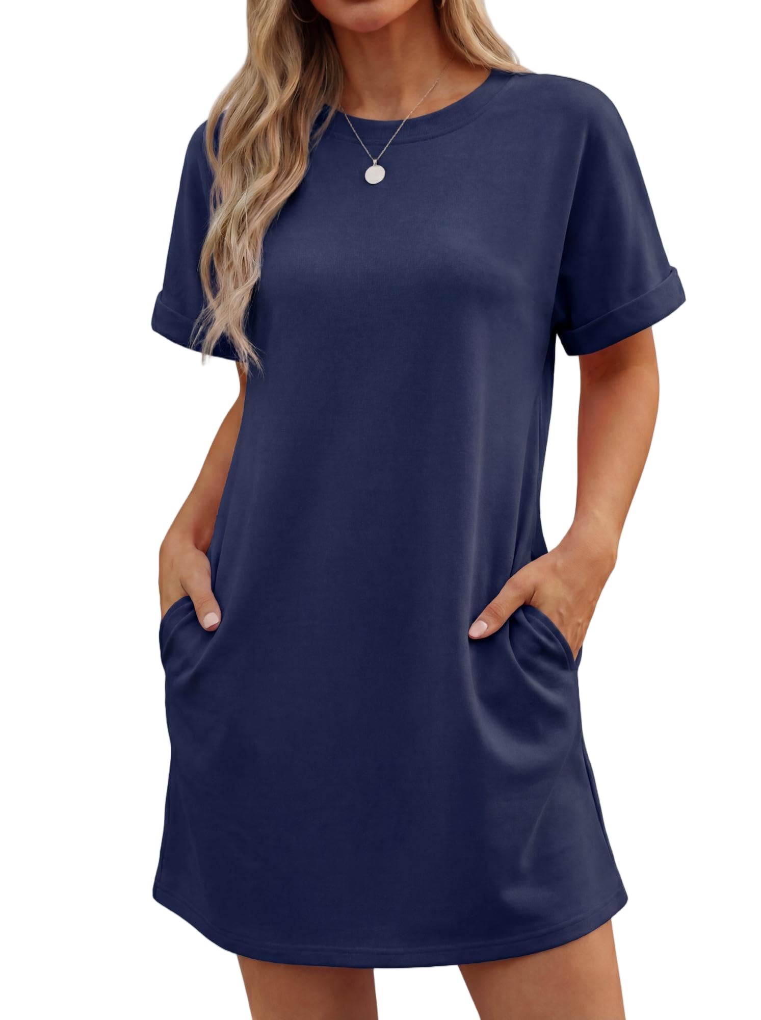 Vestido Lewina para mujer – Cuello redondo, mangas cortas, corte línea A mini y bolsillos, color liso verano