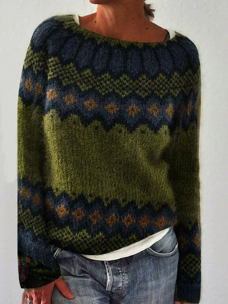Sweter damski vintage Sylvie – ciepłe geometryczne wzory w nowoczesnym stylu retro