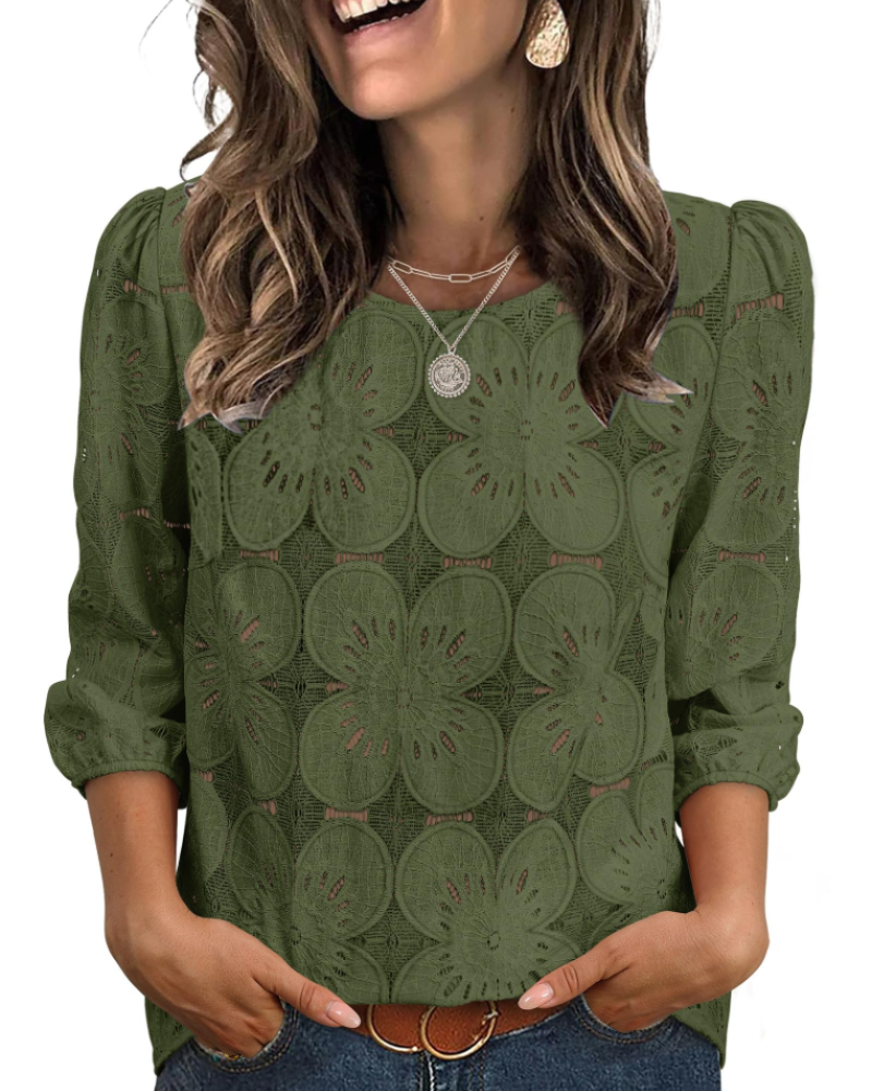 Nolia Bluse Damen – Top mit Lochstickerei und 3/4-Ärmeln, Voluminös, Eleganter Casual-Chic-Stil