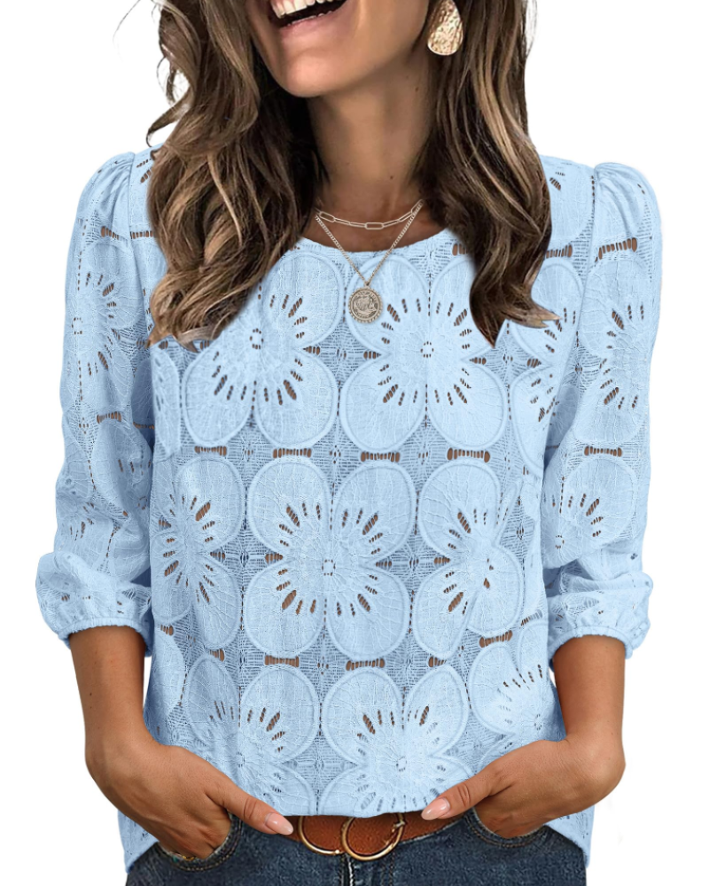 Nolia Bluse Damen – Top mit Lochstickerei und 3/4-Ärmeln, Voluminös, Eleganter Casual-Chic-Stil