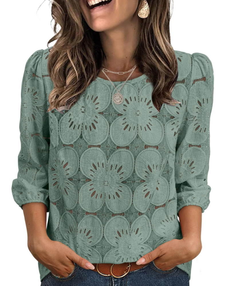 Nolia Bluse Damen – Top mit Lochstickerei und 3/4-Ärmeln, Voluminös, Eleganter Casual-Chic-Stil