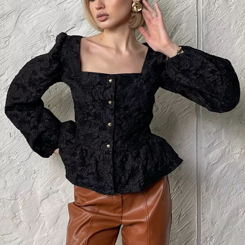 Charlotte női blúz – elegáns jacquard felső négyzet alakú nyakkivágással és hosszú, divatos ujjakkal