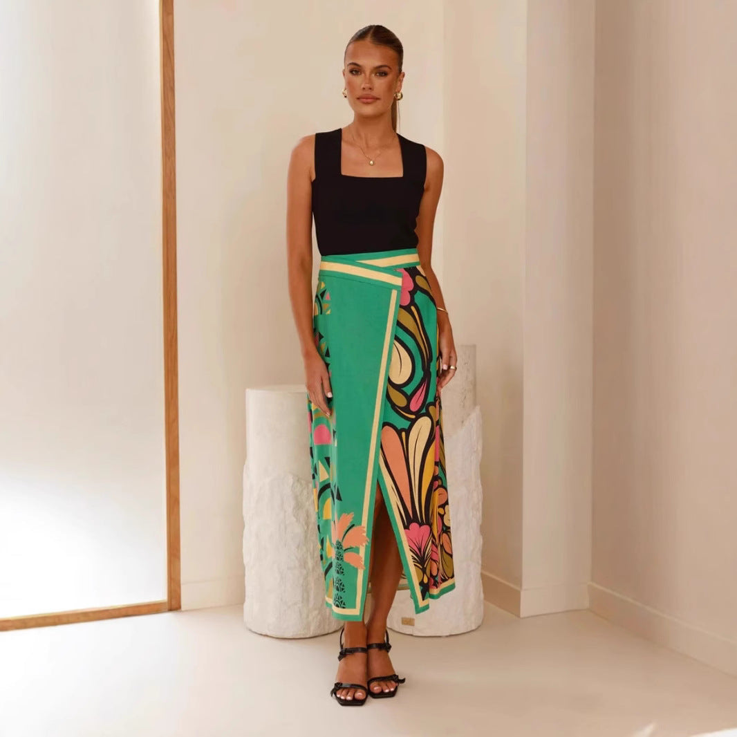 Macy Jupe Midi Femme – Taille Haute Portefeuille avec Fente & Imprimé Abstrait Élégant