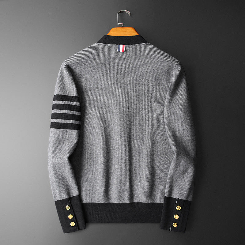 Hans Cardigan Herre Kasjmir – Elegant, Stripete med V-hals, Gullknapper og Praktiske Lommer