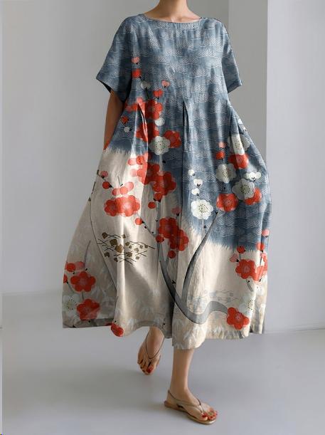 Sareno Robe Midi Woman – Light Floral Dress with Round Neck & Comfortable Fit
