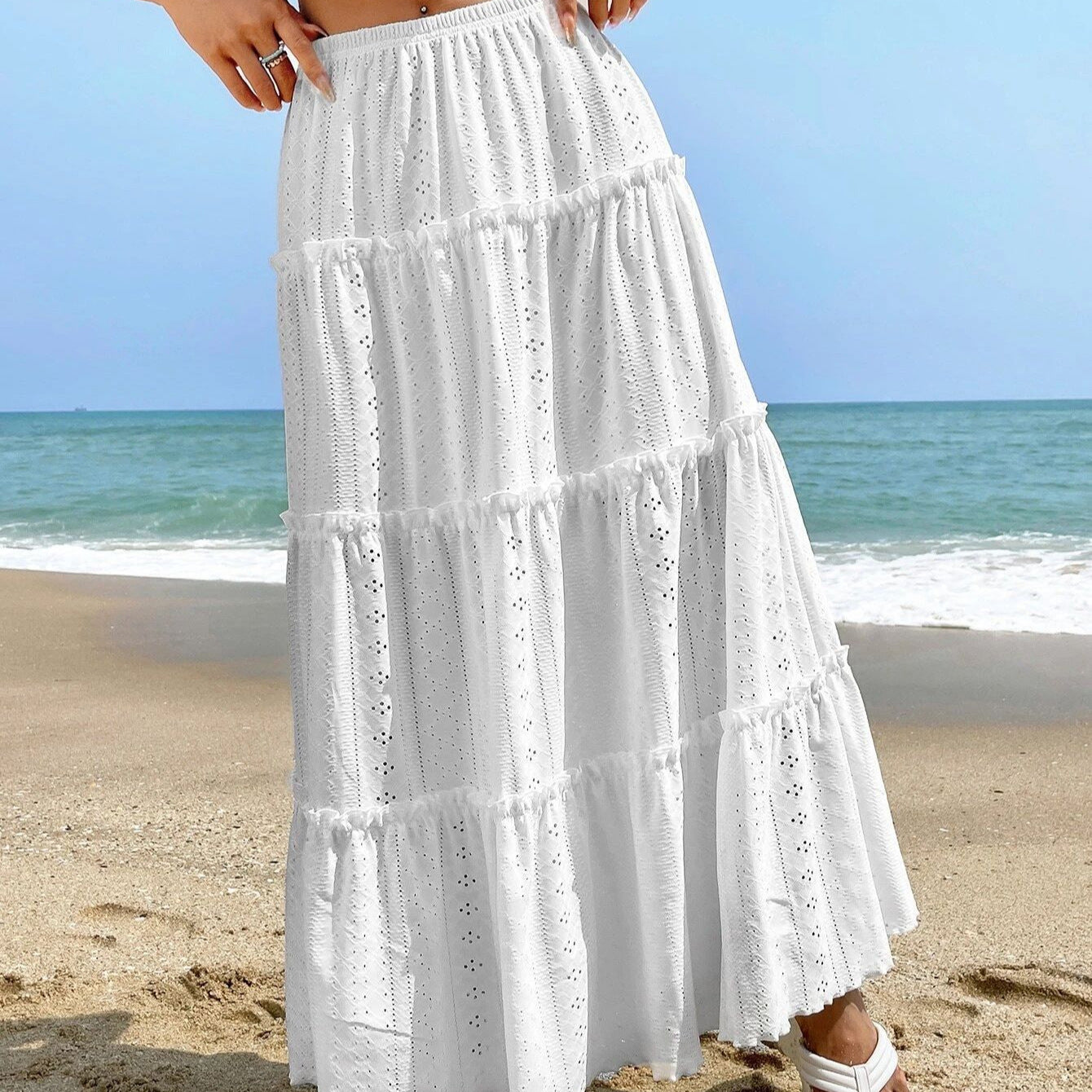 Liezel Jupe Longue Femme – Jupe A-Ligne à Volants en Coton Léger avec Broderie Anglaise & Taille Élastique