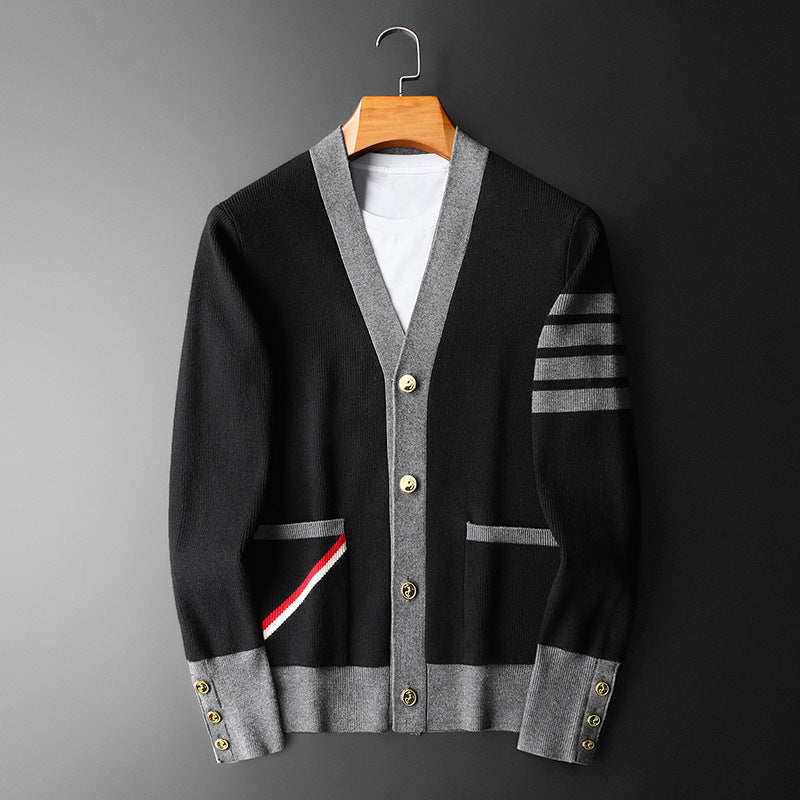Hans Cardigan Herre Kasjmir – Elegant, Stripete med V-hals, Gullknapper og Praktiske Lommer