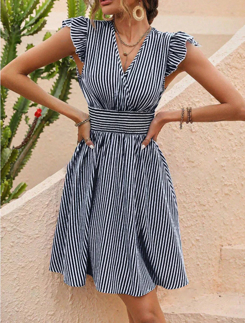 Ailani Vestido Mulher – Vestido às Riscas Elegante com Mangas com Folhos e Corte Feminino de Verão