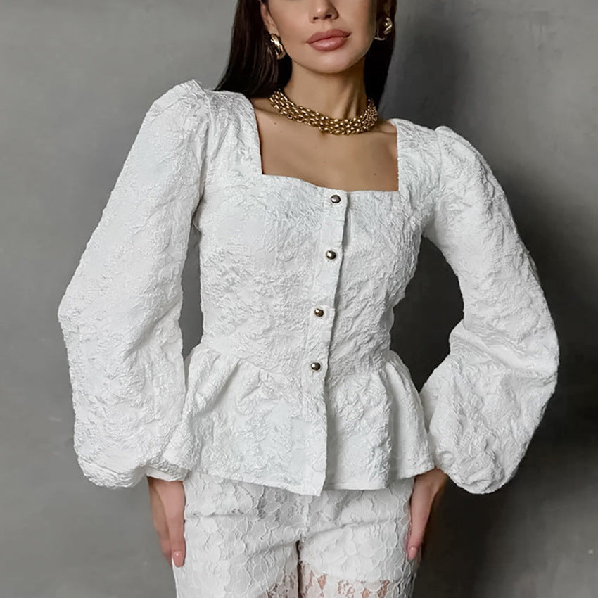 Charlotte női blúz – elegáns jacquard felső négyzet alakú nyakkivágással és hosszú, divatos ujjakkal