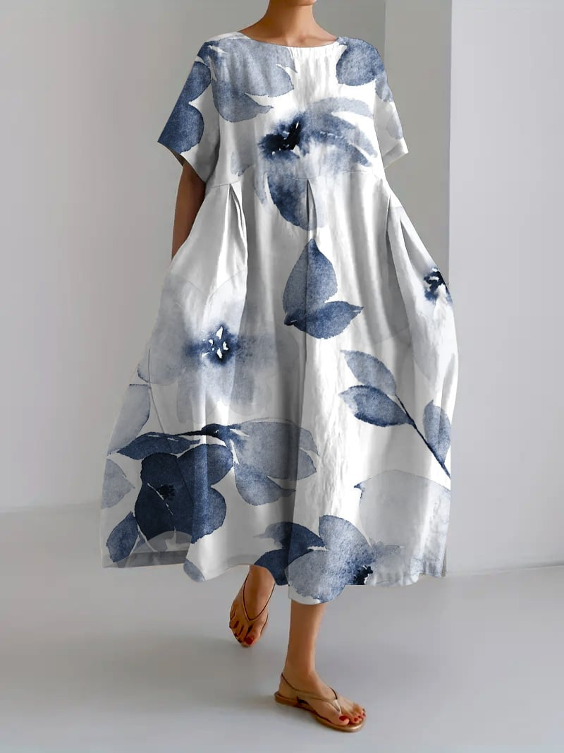 Sareno Robe Midi Woman – Light Floral Dress with Round Neck & Comfortable Fit