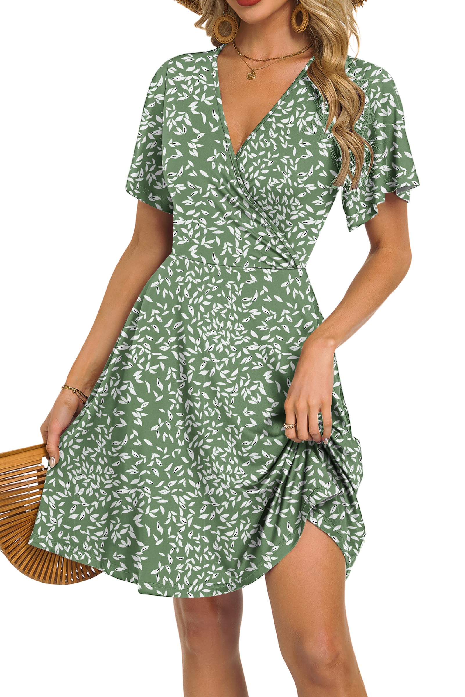 Rochie Mariselle pentru femei – Decolteu în V în stil cache-cœur floral, talie imperiu și buzunare, croială evazată, vară