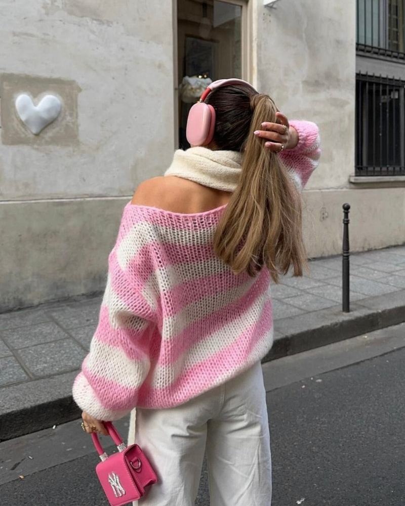 Louisa Pull Femme en Tricot – Pull Oversize Rayé en Matière Douce au Design Tendance