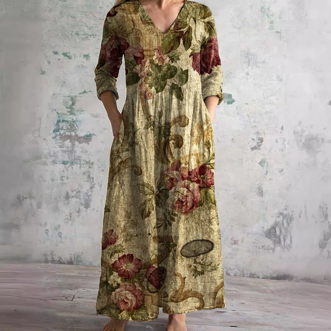 Willa Robe Longue Femme – Elegant blomsterkjole med V-hals og 3/4 ærmer
