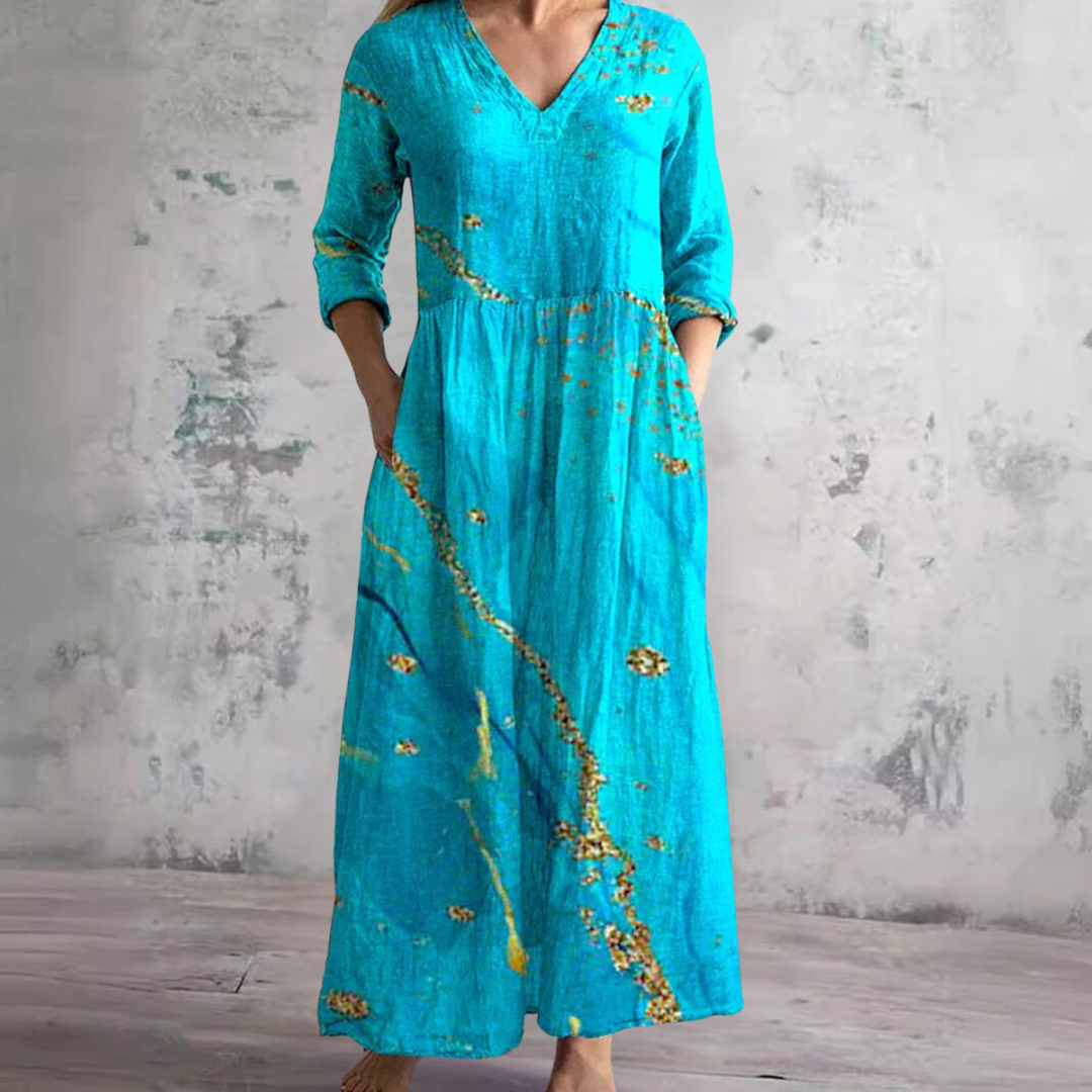 Willa Robe Longue Femme – Elegant blomsterkjole med V-hals og 3/4 ærmer