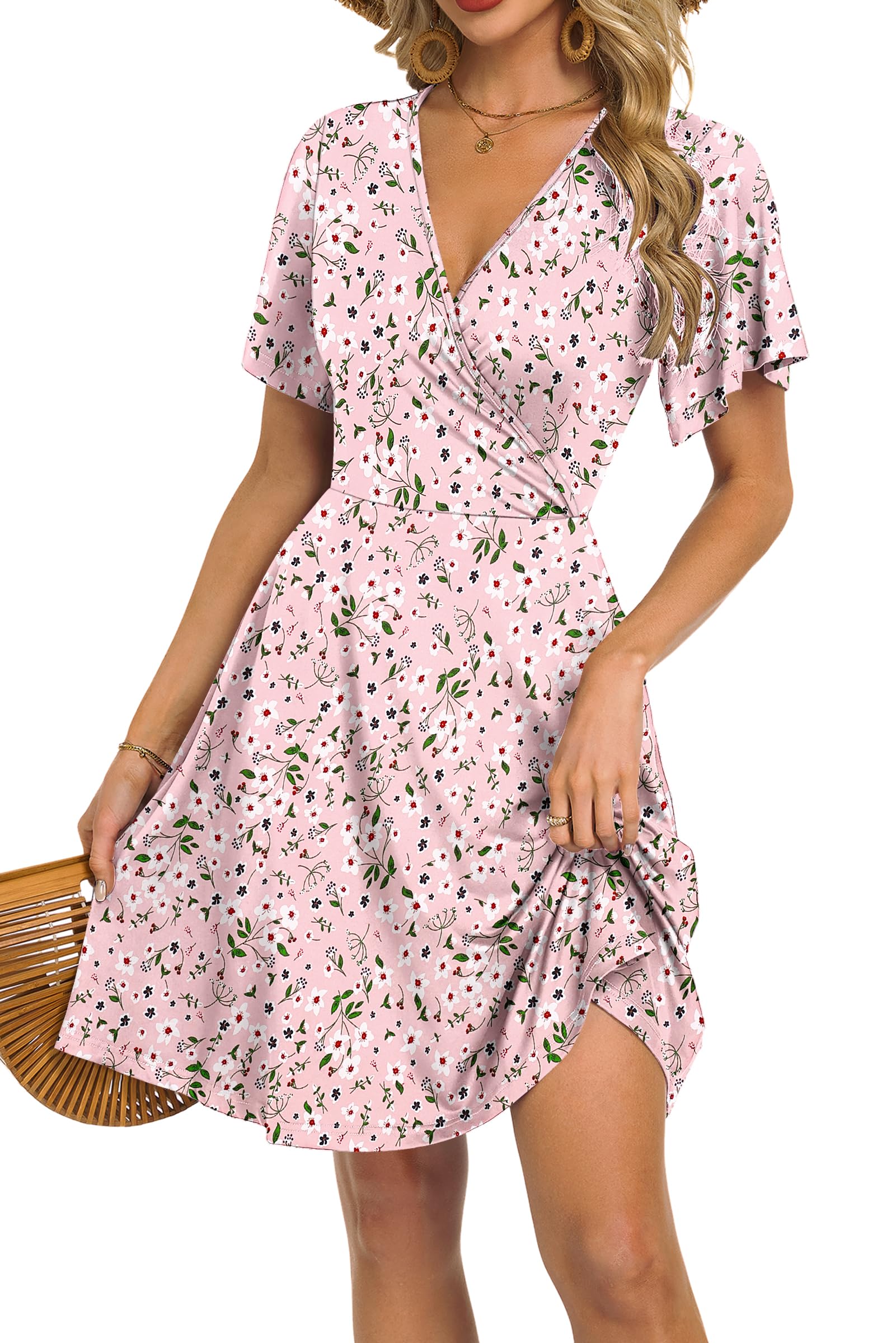 Rochie Mariselle pentru femei – Decolteu în V în stil cache-cœur floral, talie imperiu și buzunare, croială evazată, vară