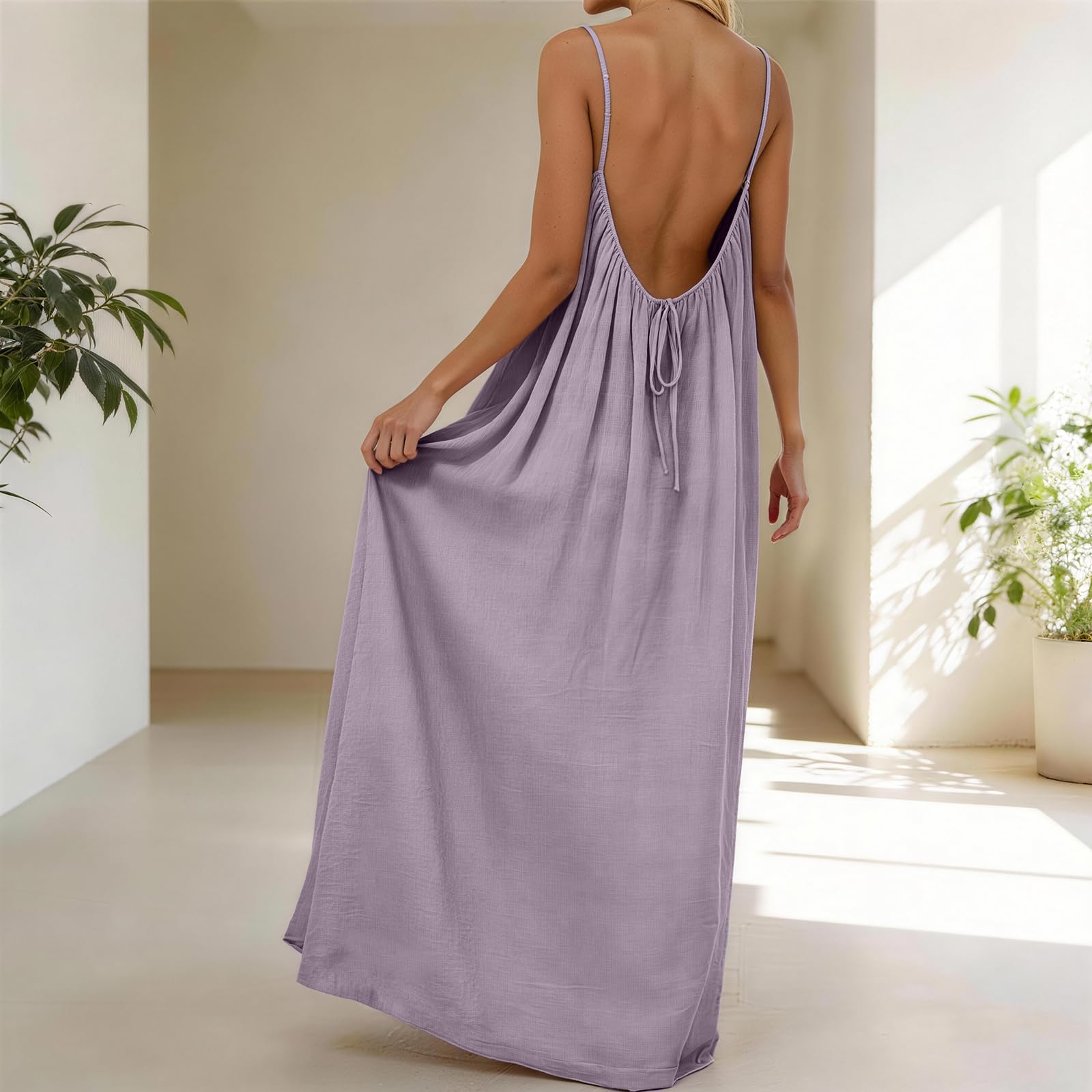 Rowena Maxi-jurk Dames – Open Rug, Verstelbare Bandjes & Effen Zomerjurk met Vloeiende A-lijn
