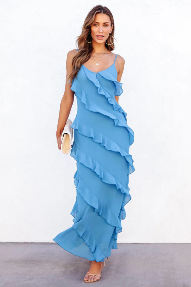 Robe Longue Femme Ashtine – Leichtes Sommerkleid mit Volants und mehrlagigem Rock & Strandlook