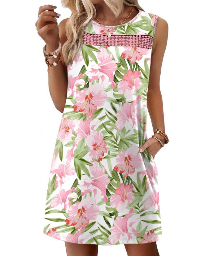 Vestido Mini Renee Femme – Vestido de Verano con Tirantes de Encaje, Corte Fluido con Bolsillos, Estilo Elegante