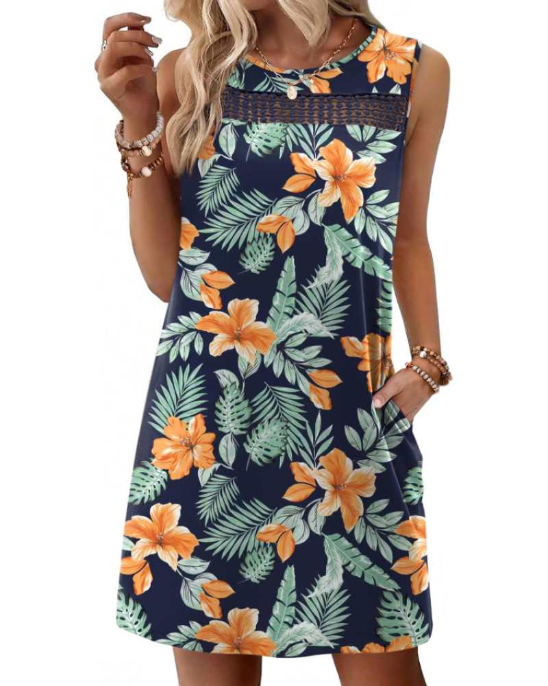 Vestido Mini Renee Femme – Vestido de Verano con Tirantes de Encaje, Corte Fluido con Bolsillos, Estilo Elegante