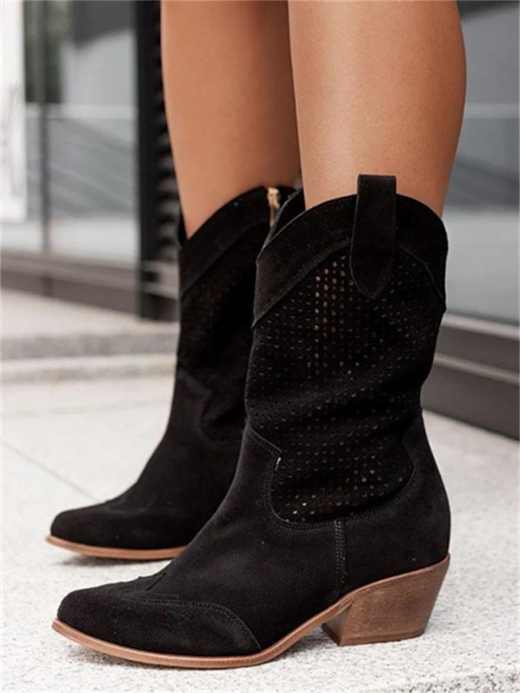 Josiane Cowboy Boots Women – White Western Boots with Perforations & Comfortable Block Heel