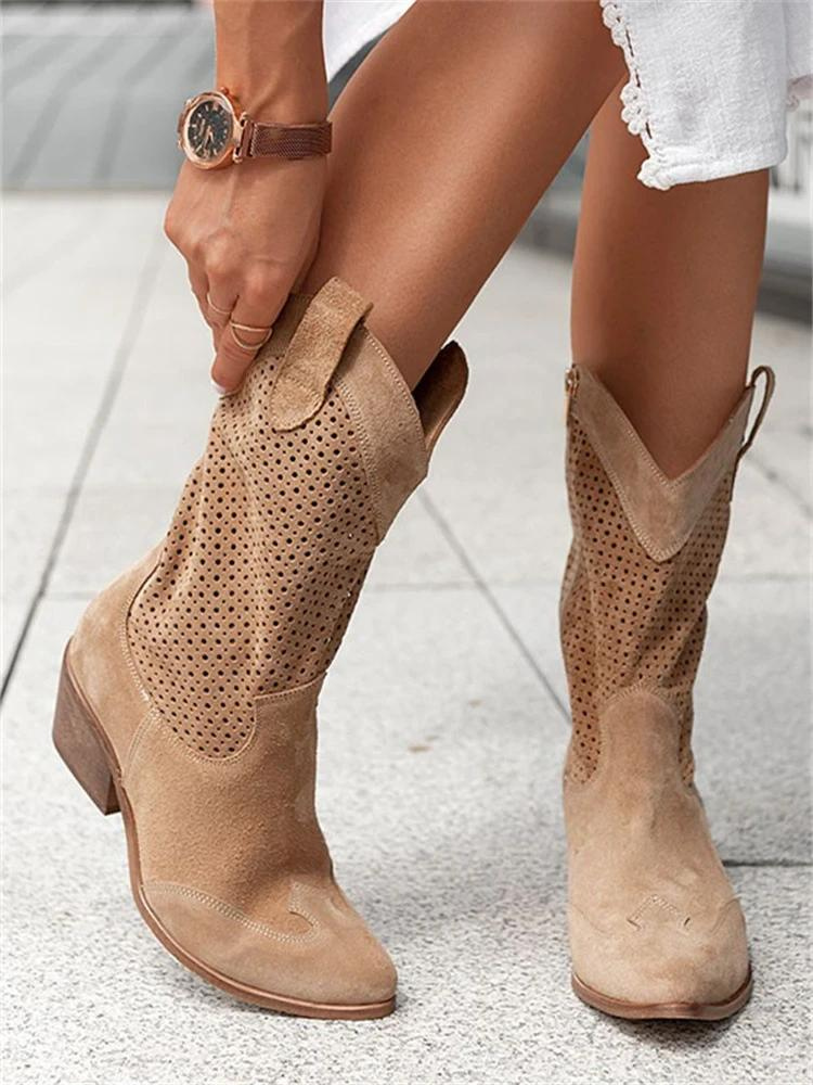 Josiane Cowboy Boots Women – White Western Boots with Perforations & Comfortable Block Heel