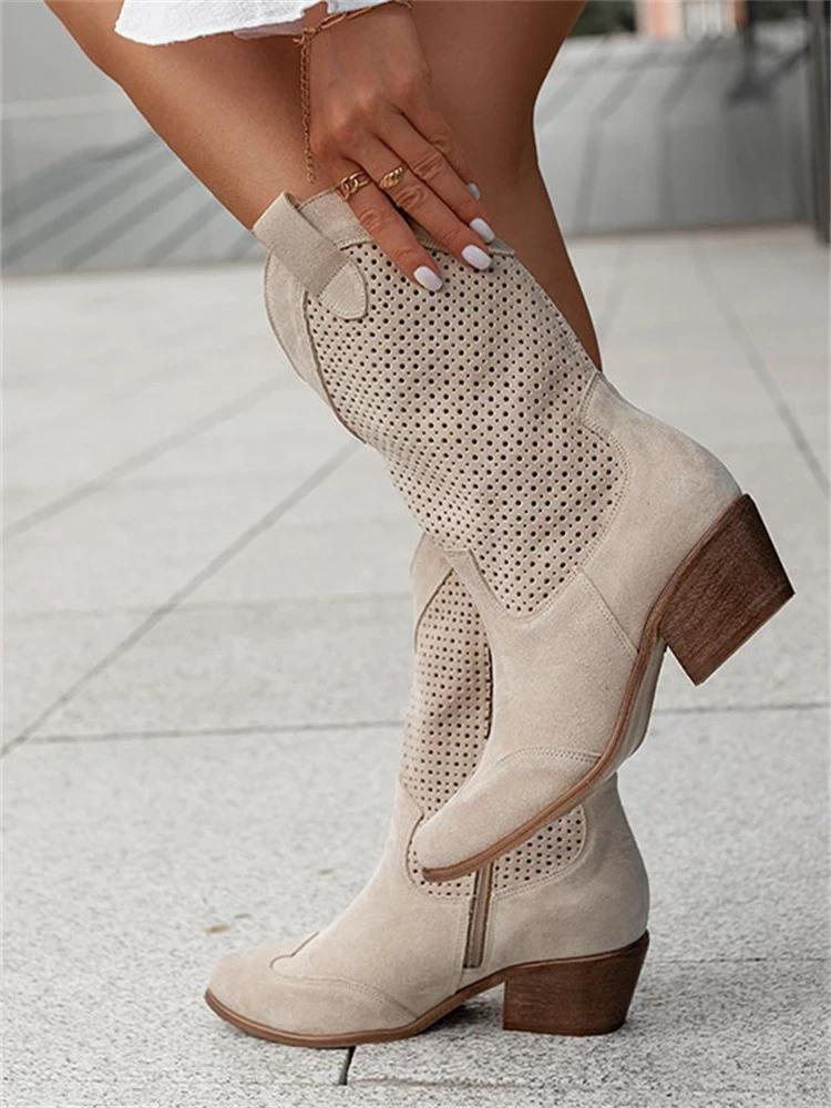 Josiane Cowboy Boots Women – White Western Boots with Perforations & Comfortable Block Heel
