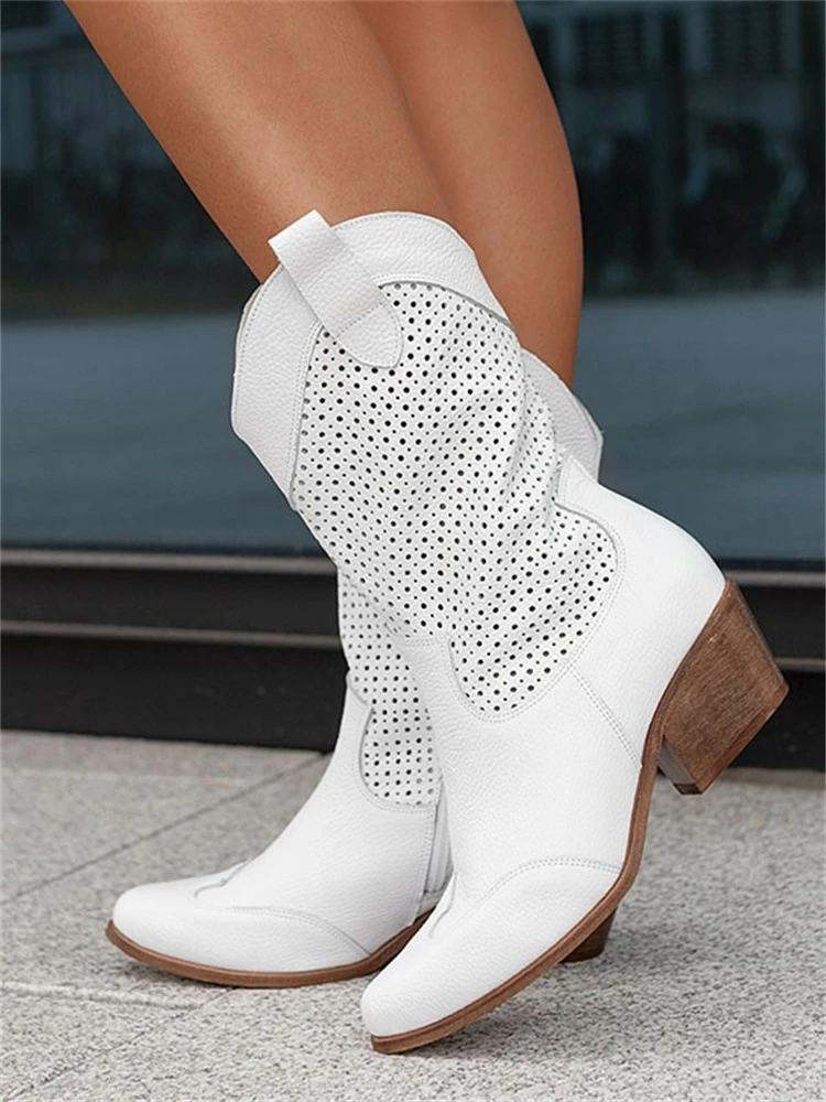 Josiane Cowboy Boots Women – White Western Boots with Perforations & Comfortable Block Heel