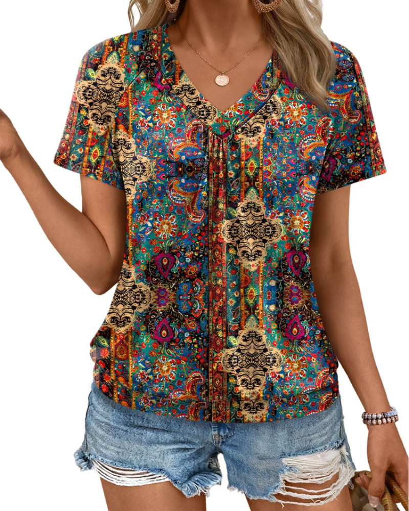 Top Rhea Mulher – T-shirt com Decote em V Plissado, Corte Fluido Elegante & Conforto de Verão