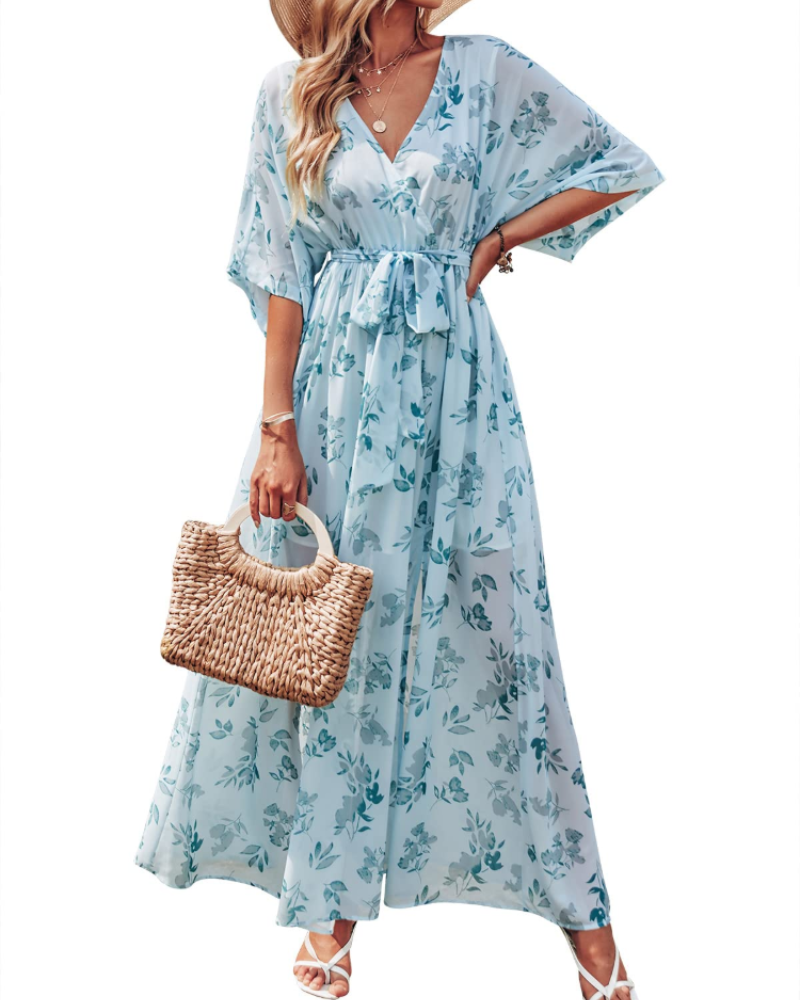 Vestito Maxi Rodelyn Donna – Scollo a V Incrociato, Maniche 3/4 Kimono e Spacco Elegante Bohemien
