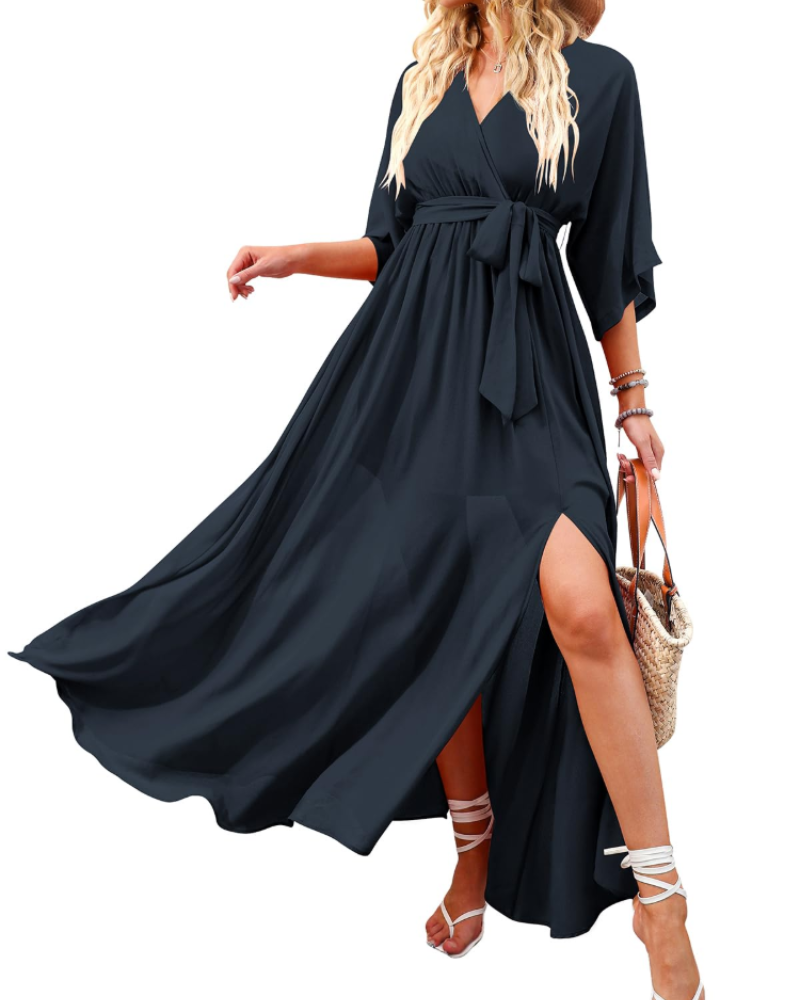 Vestito Maxi Rodelyn Donna – Scollo a V Incrociato, Maniche 3/4 Kimono e Spacco Elegante Bohemien