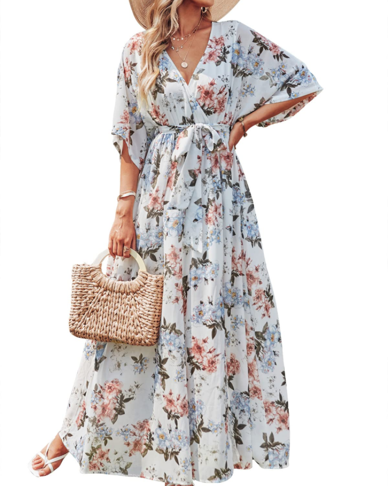 Vestito Maxi Rodelyn Donna – Scollo a V Incrociato, Maniche 3/4 Kimono e Spacco Elegante Bohemien