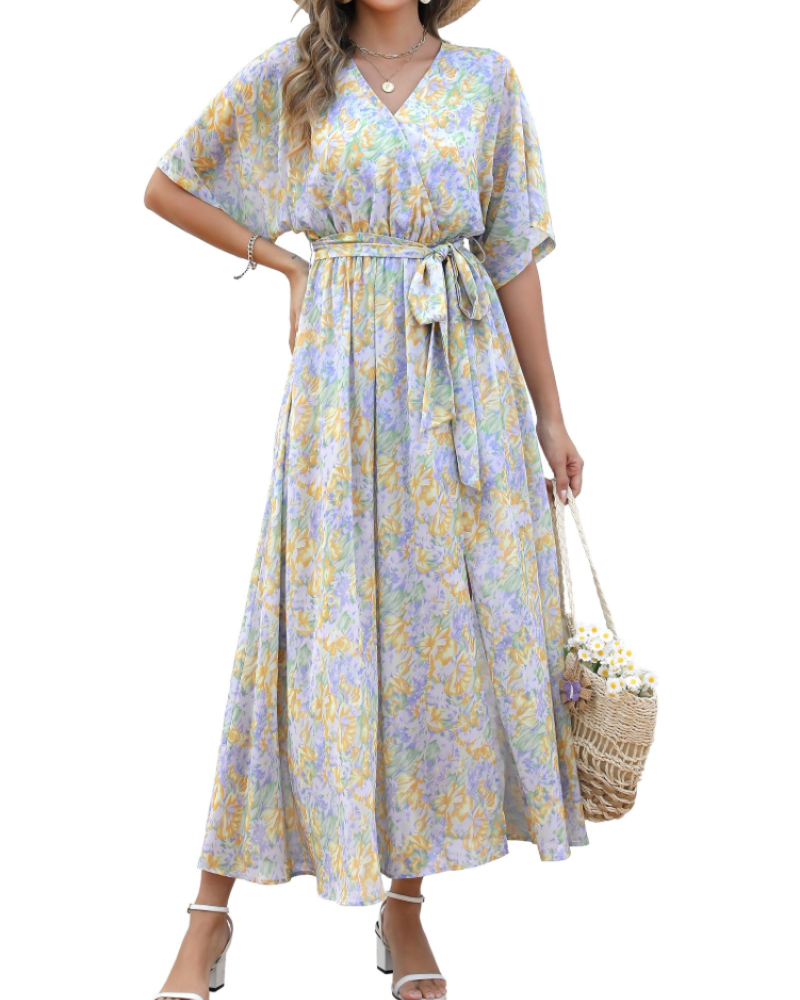Vestito Maxi Rodelyn Donna – Scollo a V Incrociato, Maniche 3/4 Kimono e Spacco Elegante Bohemien