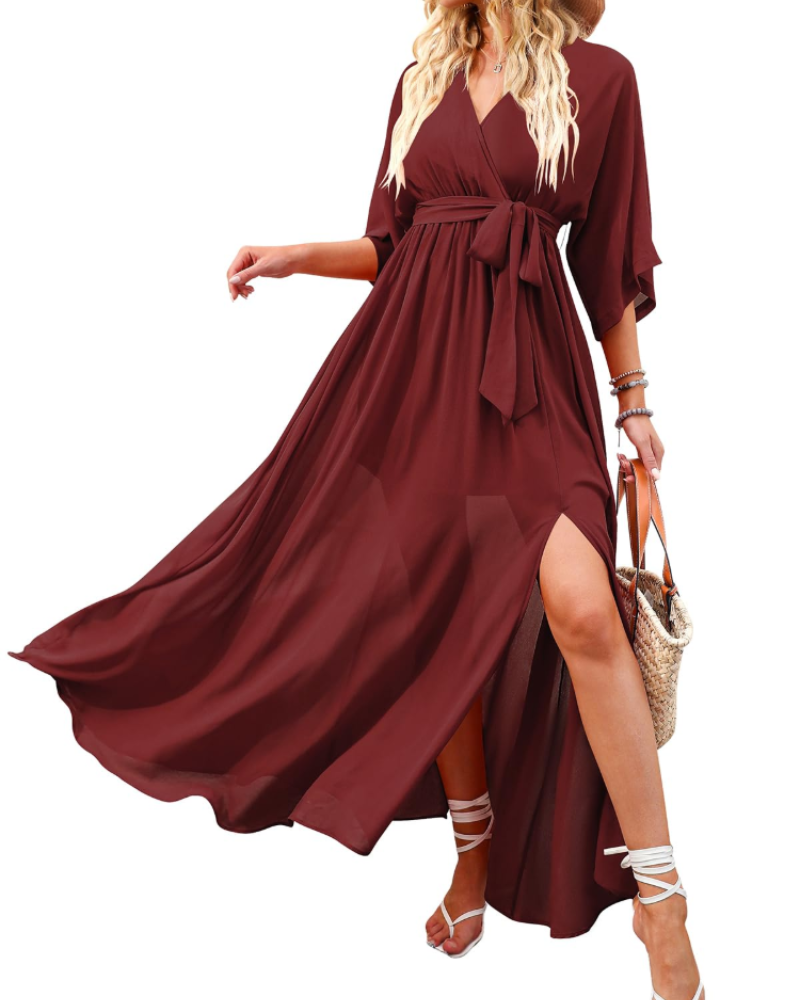 Vestito Maxi Rodelyn Donna – Scollo a V Incrociato, Maniche 3/4 Kimono e Spacco Elegante Bohemien