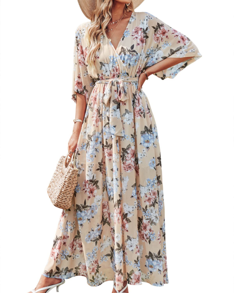 Vestito Maxi Rodelyn Donna – Scollo a V Incrociato, Maniche 3/4 Kimono e Spacco Elegante Bohemien
