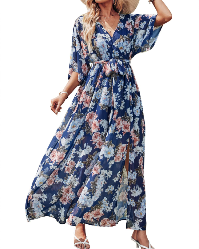 Vestito Maxi Rodelyn Donna – Scollo a V Incrociato, Maniche 3/4 Kimono e Spacco Elegante Bohemien
