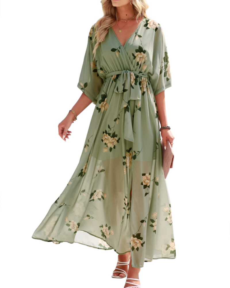 Vestito Maxi Rodelyn Donna – Scollo a V Incrociato, Maniche 3/4 Kimono e Spacco Elegante Bohemien