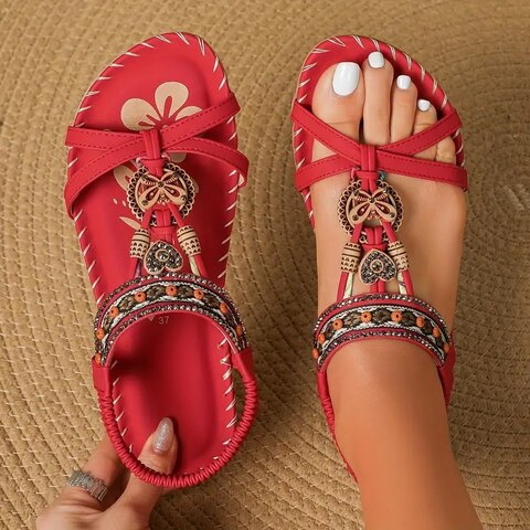Lainey Sandalen Damen – Elegante Boho-Sandalen mit flacher Sohle und natürlichem Ethno-Look
