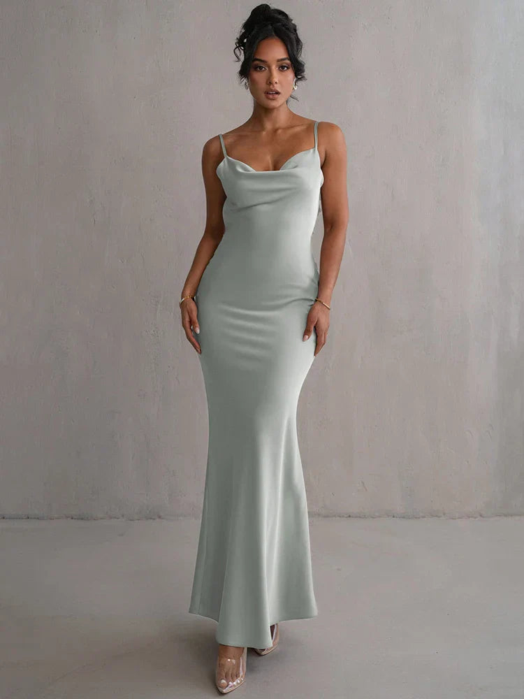 Marie Evening Dress Woman - Satin Long, Off-shoulder, Spaghetti Straps - Elegant and Fitted Dress for Formal Events