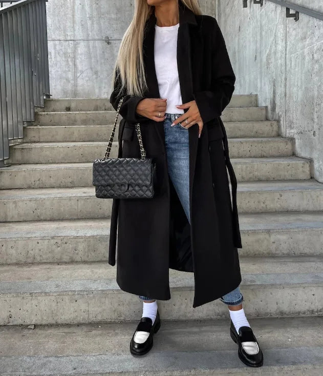 Talia Lange Damesmantel – Elegante Wintertrench met Riem & Warme Voering