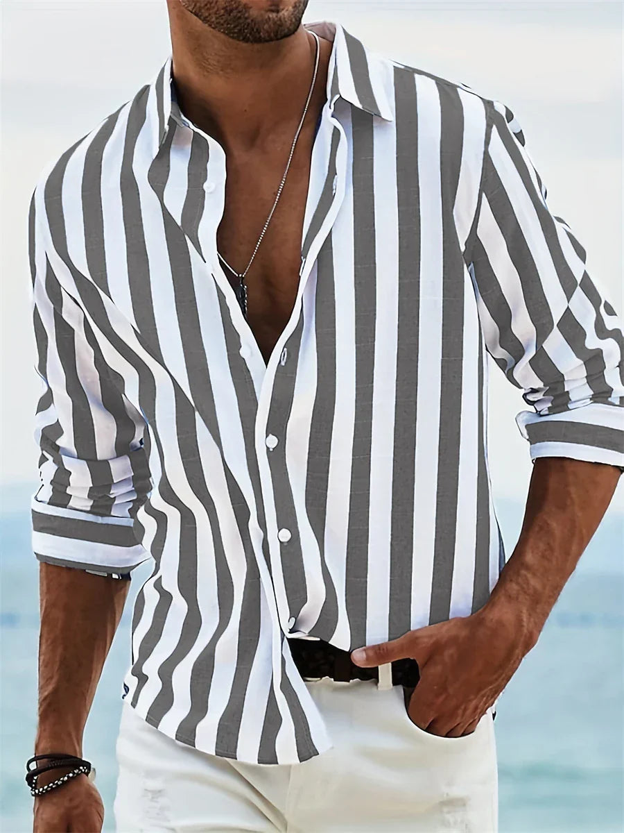 James Chemise d’Été Homme – Chemise Rayée Bleu Clair en Lin Mélangé avec Coton & Coupe Décontractée