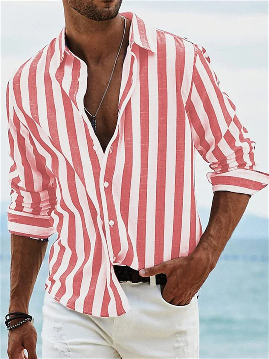 James Chemise d’Été Homme – Chemise Rayée Bleu Clair en Lin Mélangé avec Coton & Coupe Décontractée