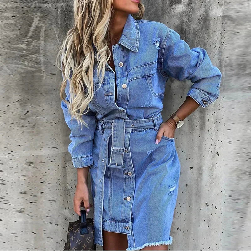 Reyhan jurk en damesjeans – jurk van denim met lange mouwen, comfortabel en veelzijdig