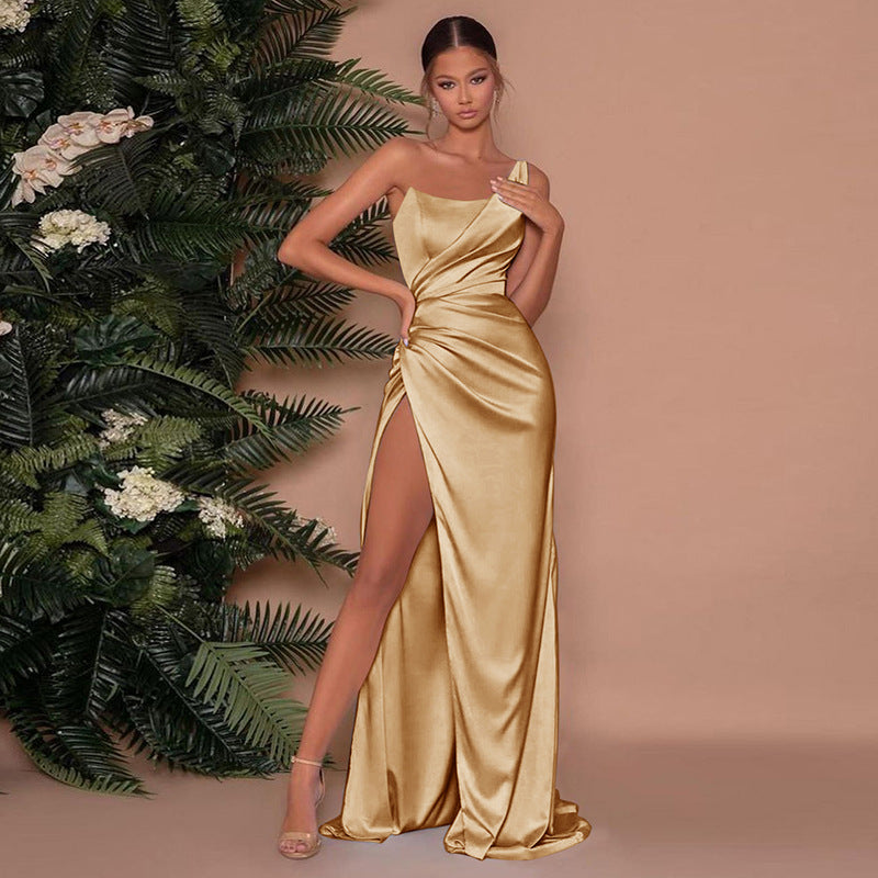 Judy Robe de Soirée Femme – Robe Longue Satinée avec Décolleté en V, Coupe Élégante & Jupe Fluide