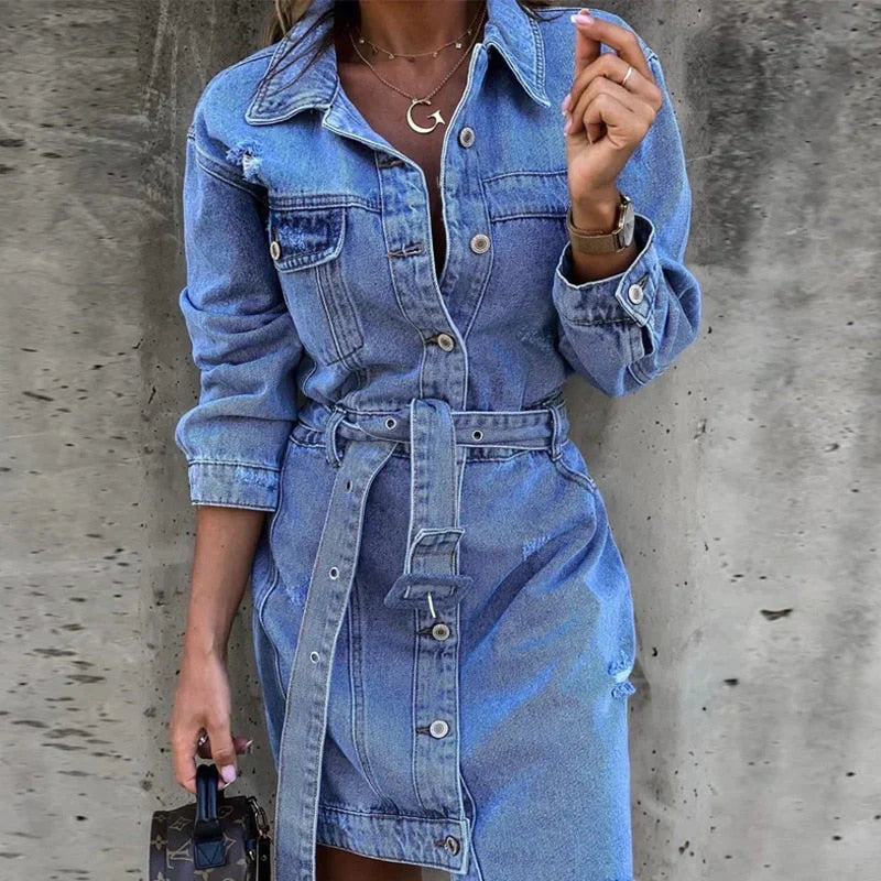Reyhan jurk en damesjeans – jurk van denim met lange mouwen, comfortabel en veelzijdig